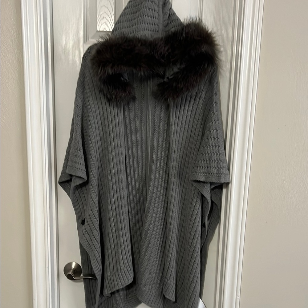 Gray and Brown Poncho with Luxurious Fur Collar